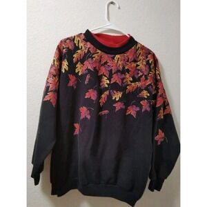 Vintage Fall Autumn Leaves Sweatshirt Womens Large Black Crewneck Women's XL USA